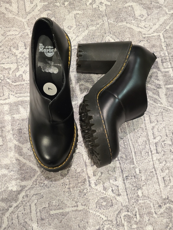 Dr. Martens Shoes - Dr. Martens Black Leather Platform Lug-Heel Slip-On Shoes with Yellow Stitching